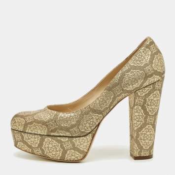 Pre Owned Stella McCartney Gold Brocade Fabric Block Heel Pumps Size 38.5