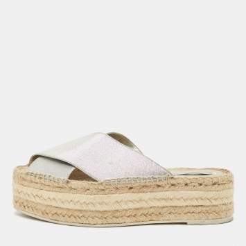 Pre Owned Stella McCartney Silver Faux Leather Crisscross Platform Espadrille Sandals Size 39