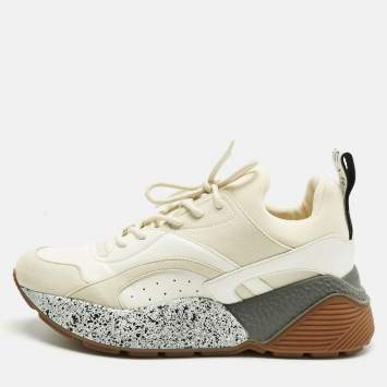 Pre Owned Stella McCartney White/Cream Faux Leather and Faux Suede Eclypse Sneakers Size 38