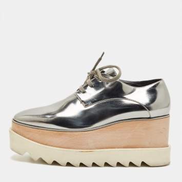 مملوكة مسبقًا Stella McCartney Elyse Size 35.5 Metallic Grey Faux Leather Platform Derby Sneakers