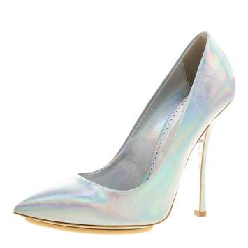 Pre Owned Stella McCartney Metallic Silver Holographic Faux Leather Pointed Toe Pumps Size 39