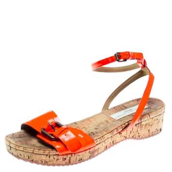 Pre Owned Stella McCartney Neon Orange Faux Leather Linda Ankle Strap Flat Sandals Size 35