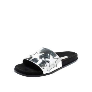 Pre Owned Stella McCartney Metallic Silver/White Leather Star Flat Slides Size 38