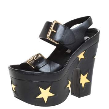 Pre Owned Stella McCartney Black Faux Leather Buckle Block Heel Star Platform Sandals Size 37