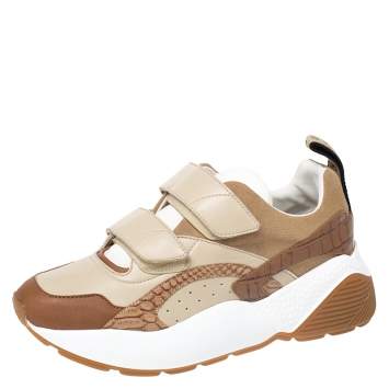 Pre Owned Stella McCartney Beige/Brown Fabric And Faux Leather Eclypse Velcro Sneakers Size 40