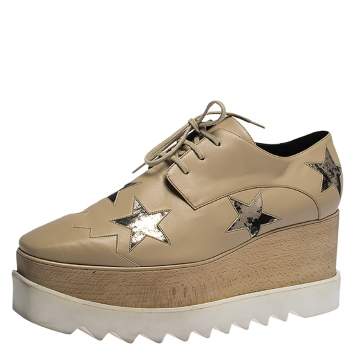Pre Owned Stella McCartney Beige Faux Leather Elyse Star Platform Lace Up Derby Size 41