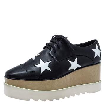Pre Owned Stella McCartney Black/White Faux Leather Elyse Star Platform Derby Size 39