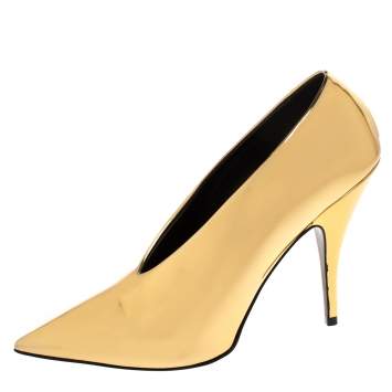 Pre Owned Stella McCartney Metallic Gold Faux Patent Leather V Neck Pointed Toe Pumps Size 38