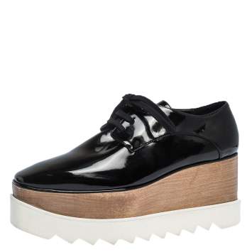 Pre Owned Stella McCartney Black Faux Patent Leather Elyse Platform Derby Size 37.5