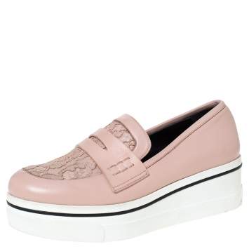 Pre Owned Stella McCartney Pink Faux Leather And Lace Penny Platform Loafers Size 38