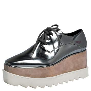 Pre Owned Stella McCartney Metallic Silver Faux Leather Elyse Platform Low Top Sneakers Size 35.5 
