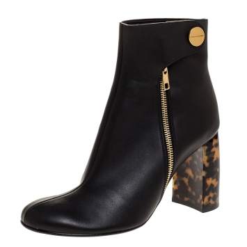 Pre Owned Stella McCartney Black Faux Leather Tortoise Block Heel "Percy" Ankle Booties Size 37.5