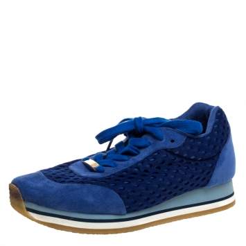 Pre Owned Stella McCartney Blue Faux Suede and Perforated Mesh Lace Up Sneakers Size 38