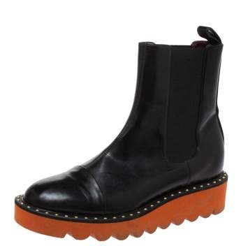 Pre Owned Stella Mccartney Black Glossy Faux Leather Odette Mid Length Boots Size 36