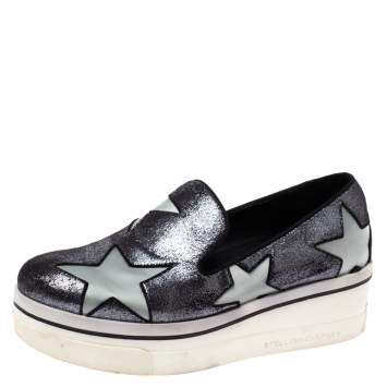 Pre Owned Stella McCartney Black Shimmery Faux Leather and Grey Satin Binx Star Platform Slip On Sneakers Size 37
