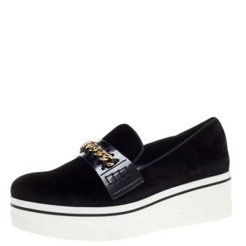 Pre Owned Stella McCartney Black Faux Suede Chain Embellished Platform Slip On Sneakers Size 41