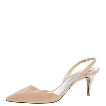 Pre Owned Stella McCartney Beige Faux Patent Leather Slingback Pumps Size 37.5