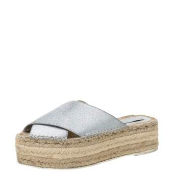 Pre Owned Stella McCartney Metallic Glitter Faux Leather Cross Strap Espadrille Flats Size 37