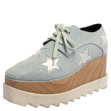 Pre Owned Stella McCartney Light Blue Denim Fabric Elyse Stars Platform Lace Up Sneakers Size 35