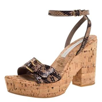 Pre Owned Stella McCartney Brown/Black Python Effect Faux Leather And Cork Platform Ankle Strap Sandals Size 38