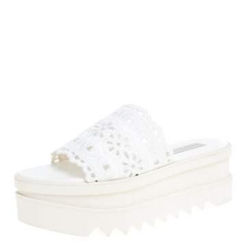 Pre Owned Stella McCartney White Lace Cut Brocade Faux Leather Platform Slides Size 39
