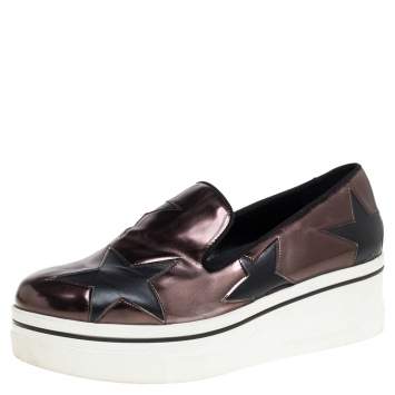 Pre Owned Stella McCartney Black/Brown Faux Leather Binx Star Platform Slip On Sneakers Size 38