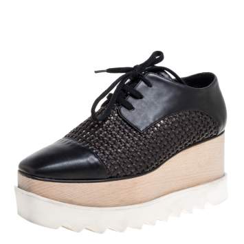 Pre Owned Stella McCartney Black Woven Faux Leather Elyse Platform Derby Sneakers Size 37
