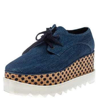 Pre Owned Stella McCartney Blue Denim Fabric Cork Platform Sneakers Size 38