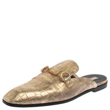 Pre Owned Stella McCartney Gold Faux Croc Embossed Leather Flat  Mules Size 38.5