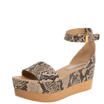 Pre Owned Stella McCartney Beige/Black Faux Python Ankle Strap Wedges Size 40