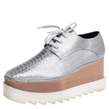 Pre Owned Stella McCartney Silver Python Embossed Leather Elyse Platform Derby Size 38
