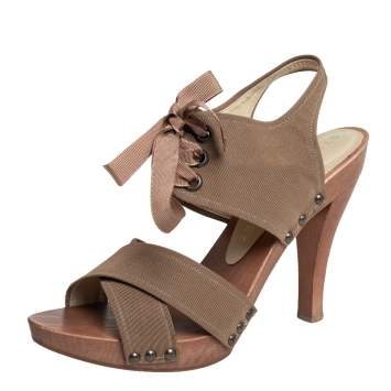 Pre Owned Stella McCartney Brown Fabric Platform Ankle Tie Sandals Size 39