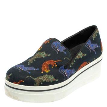 Pre Owned Stella McCartney Black Animal Printed Canvas Slip On Sneakers Size 36