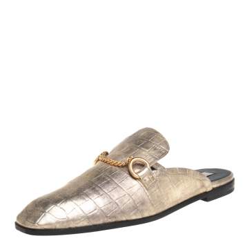Pre Owned Stella McCartney Metallic Gold Faux Croc  Leather Chain Trim Flats Size 39