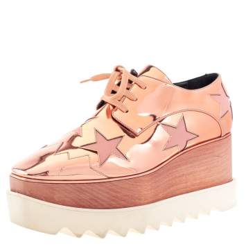 Pre Owned Stella McCartney Metallic Rose Gold Faux Patent Leather Elyse Star Platform Lace Up Sneakers Size 38