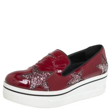 Pre Owned Stella McCartney Red Faux Patent Leather  Slip On Platform Sneakers Size 38