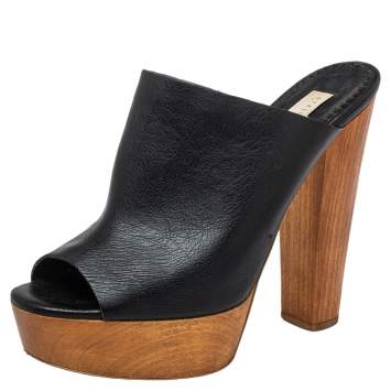 Pre Owned Stella McCartney Black Faux Leather Wooden Block Heel Platform Sandals Size 38.5
