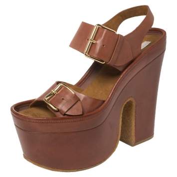 Pre Owned Stella McCartney Brown Faux Leather Buckle Block Heel Platform Sandals Size 40