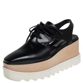 Pre Owned Stella McCartney Black Faux Leather Elyse Cut Out Derby Platform Sneakers Size 38