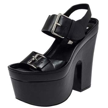 Pre Owned Stella McCartney Black Faux Leather Buckle Block Heel Sandals Size 39