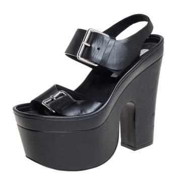 Pre Owned Stella McCartney Black Faux Leather Buckle Block Heel Sandals Size 38
