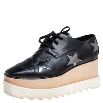 Pre Owned Stella McCartney Black Faux Leather Elyse Wedge Sneakers Size 38