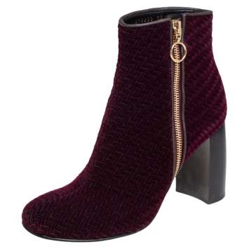 Pre Owned Stella McCartney Burgundy Woven Velvet Block Heel Ankle Booties Size 38