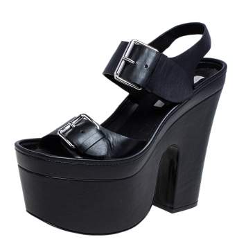 Pre Owned Stella McCartney Black Faux Leather Buckle Block Heel Platform Sandals Size 40