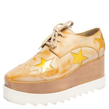 Pre Owned Stella McCartney Beige Faux Leather Elyse Star Platform Sneakers Size 36.5