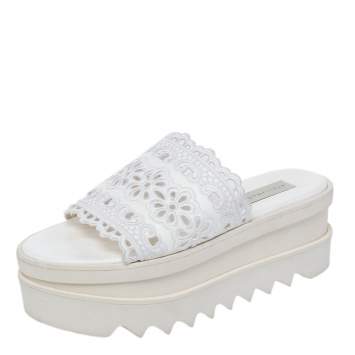 Pre Owned Stella McCartney White Floral Embroidered Cut Out Faux Leather Platform Slide Sandals Size 36