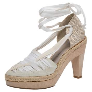 Pre Owned Stella McCartney White Fabric And Canvas Platform Ankle Wrap Pumps Size 37.5