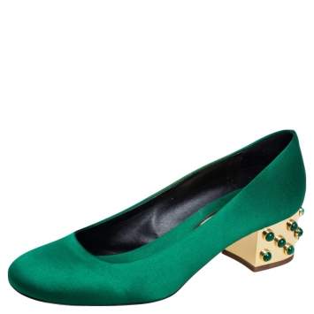 Pre Owned Stella McCartney Green Satin Studded Block Heel Pumps Size 38.5