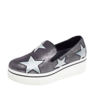 Pre Owned Stella McCartney Metallic Grey Faux Suede And Satin Binx Star Platform Slip On Sneakers Size 38