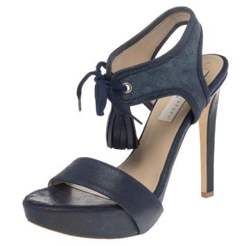 Pre Owned Stella McCartney Navy Blue Faux Leather And Canvas Platform Ankle Wrap Tassel Sandals Size 38.5